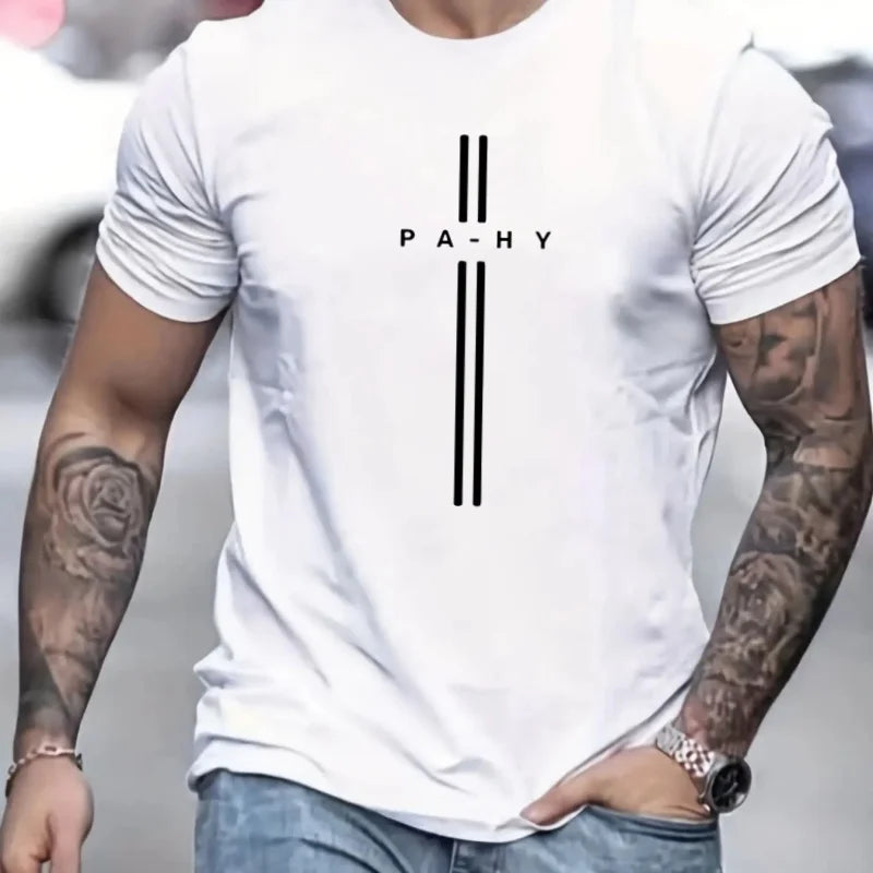 2024 Men's 100% Pure Cotton Short Sleeved T-shirt, Round Neck Top, Letter Pattern Print, Comfortable, Casual, Summer, Loose Size