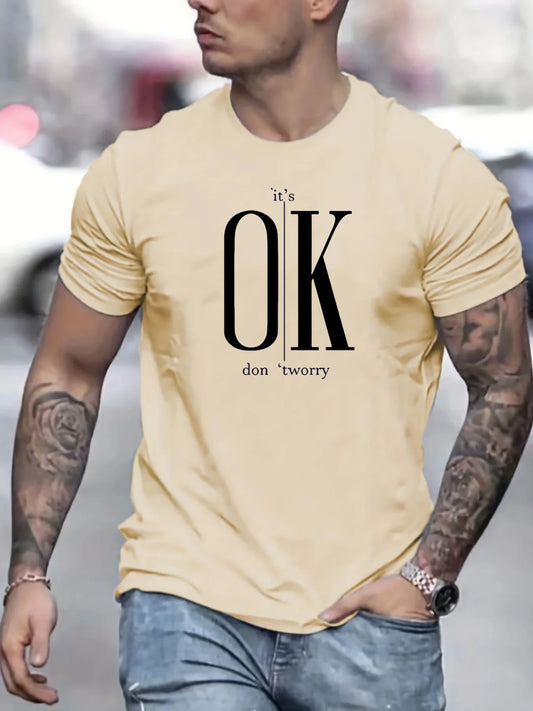 2024 Men's 100% Pure Cotton Short Sleeved T-shirt, Round Neck Top, Letter Pattern Print, Comfortable, Casual, Summer, Loose Size