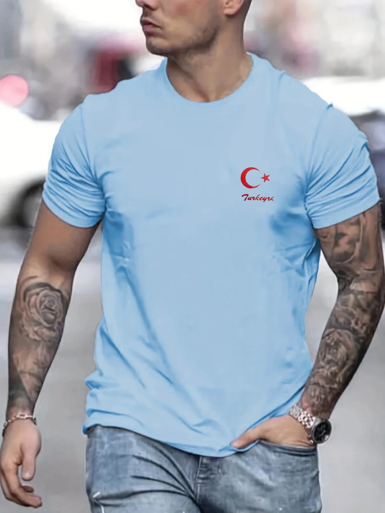 2024 Men's 100% Pure Cotton Short Sleeved T-shirt, Round Neck Top, Letter Pattern Print, Comfortable, Casual, Summer, Loose Size