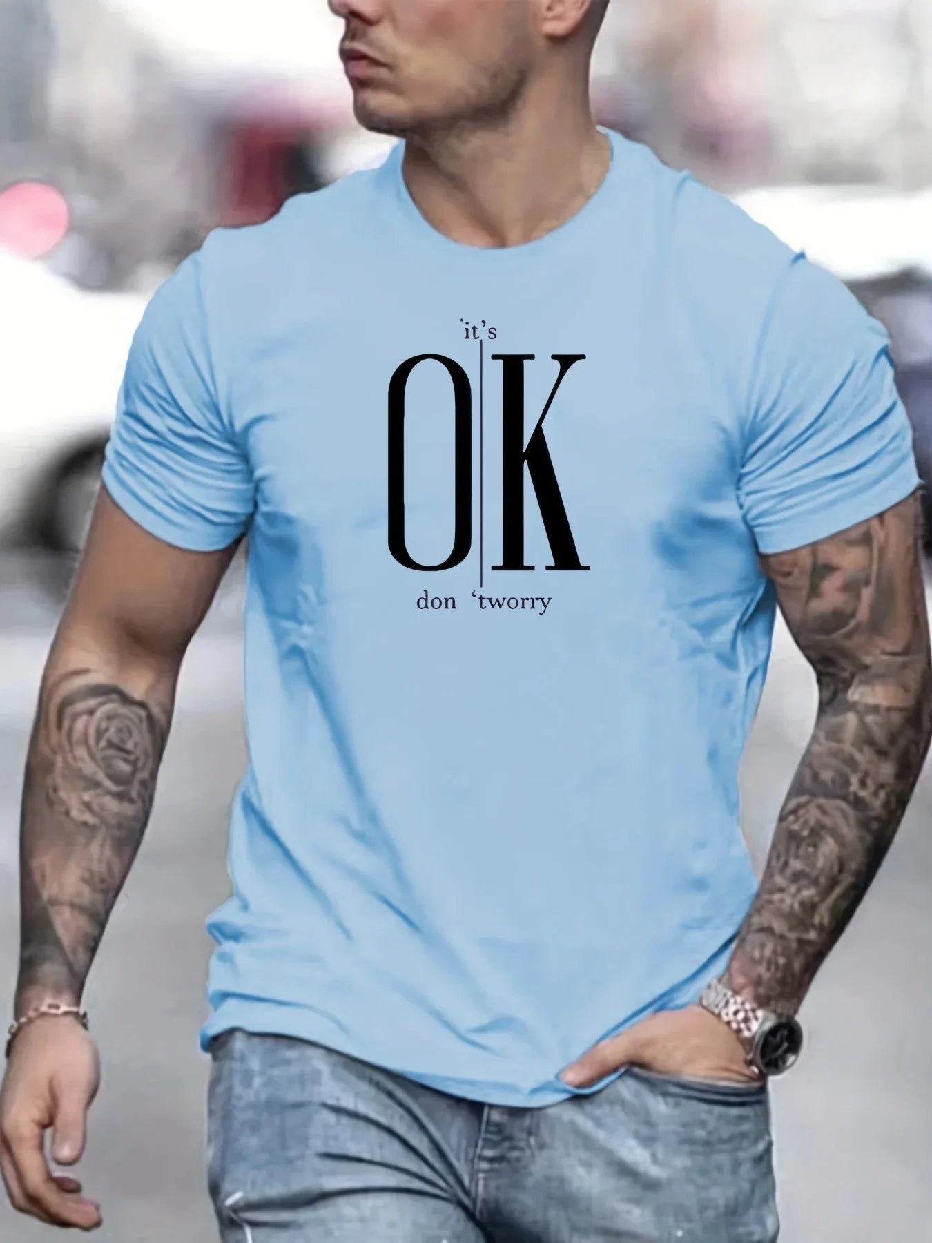 2024 Men's 100% Pure Cotton Short Sleeved T-shirt, Round Neck Top, Letter Pattern Print, Comfortable, Casual, Summer, Loose Size