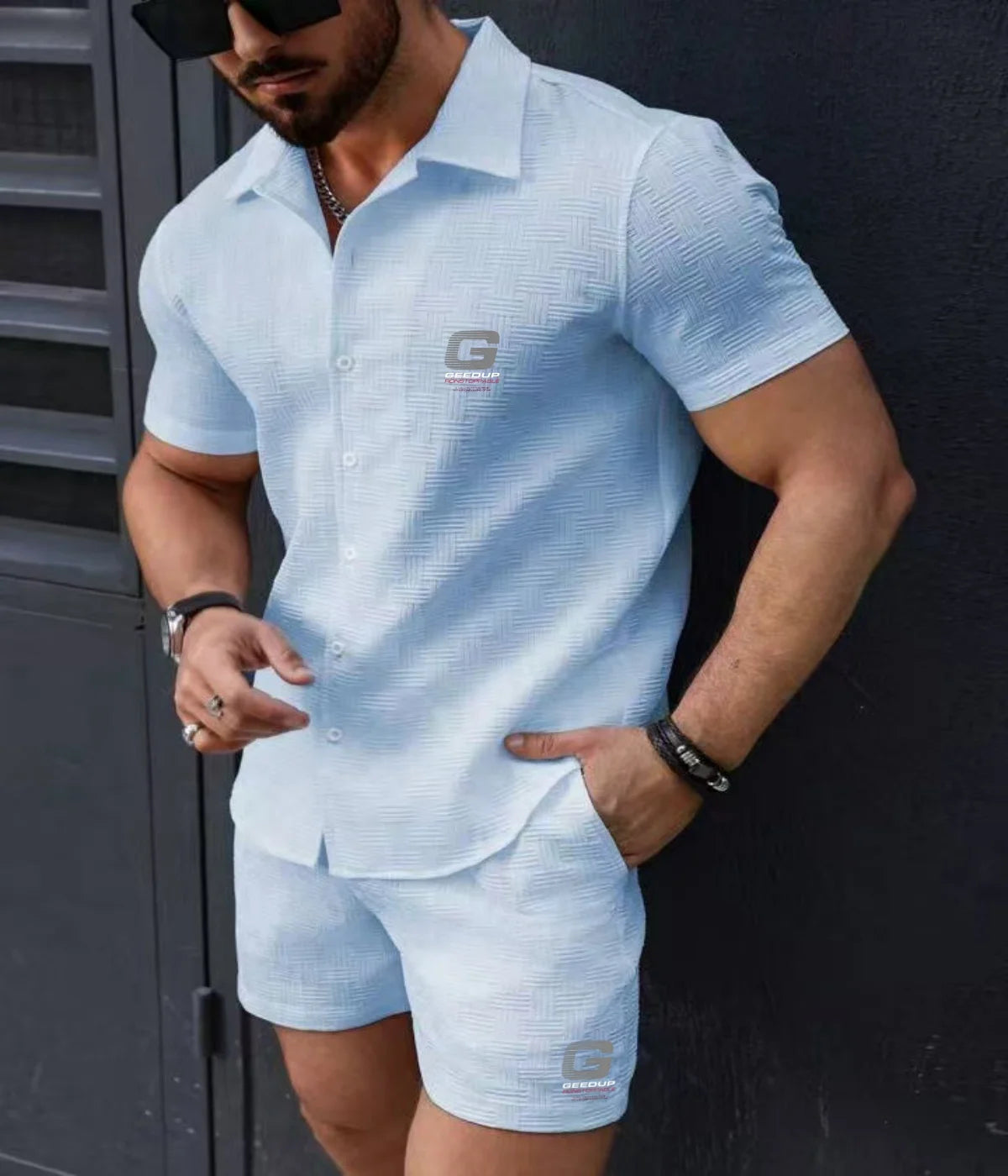 2025 Men's casual shirt two-piece set, New summer Fashion lapel shorts short sleeve Loose outdoor Sports Beach Suit