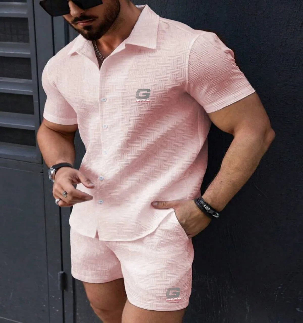 2025 Men's casual shirt two-piece set, New summer Fashion lapel shorts short sleeve Loose outdoor Sports Beach Suit