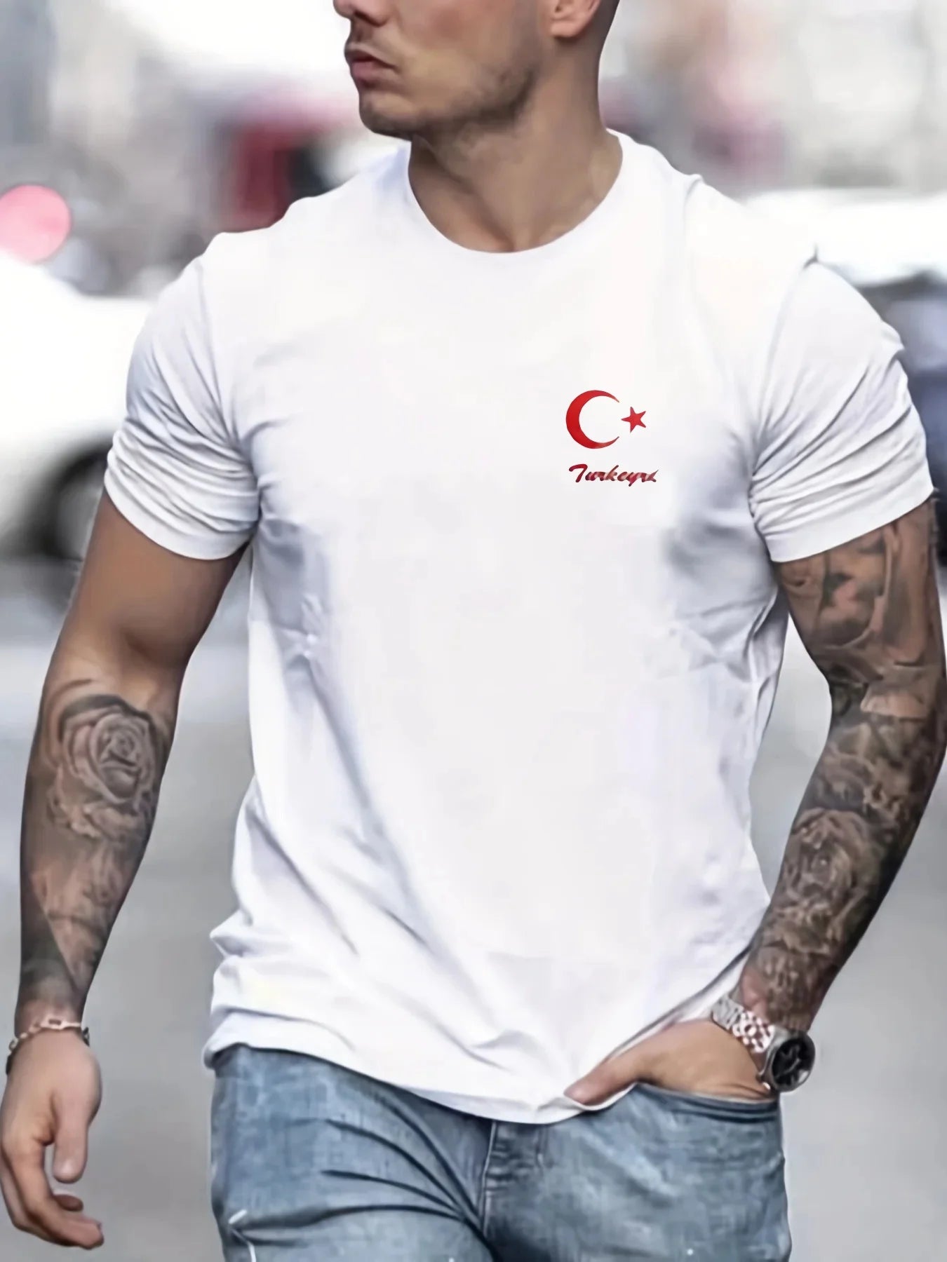 2024 Men's 100% Pure Cotton Short Sleeved T-shirt, Round Neck Top, Letter Pattern Print, Comfortable, Casual, Summer, Loose Size